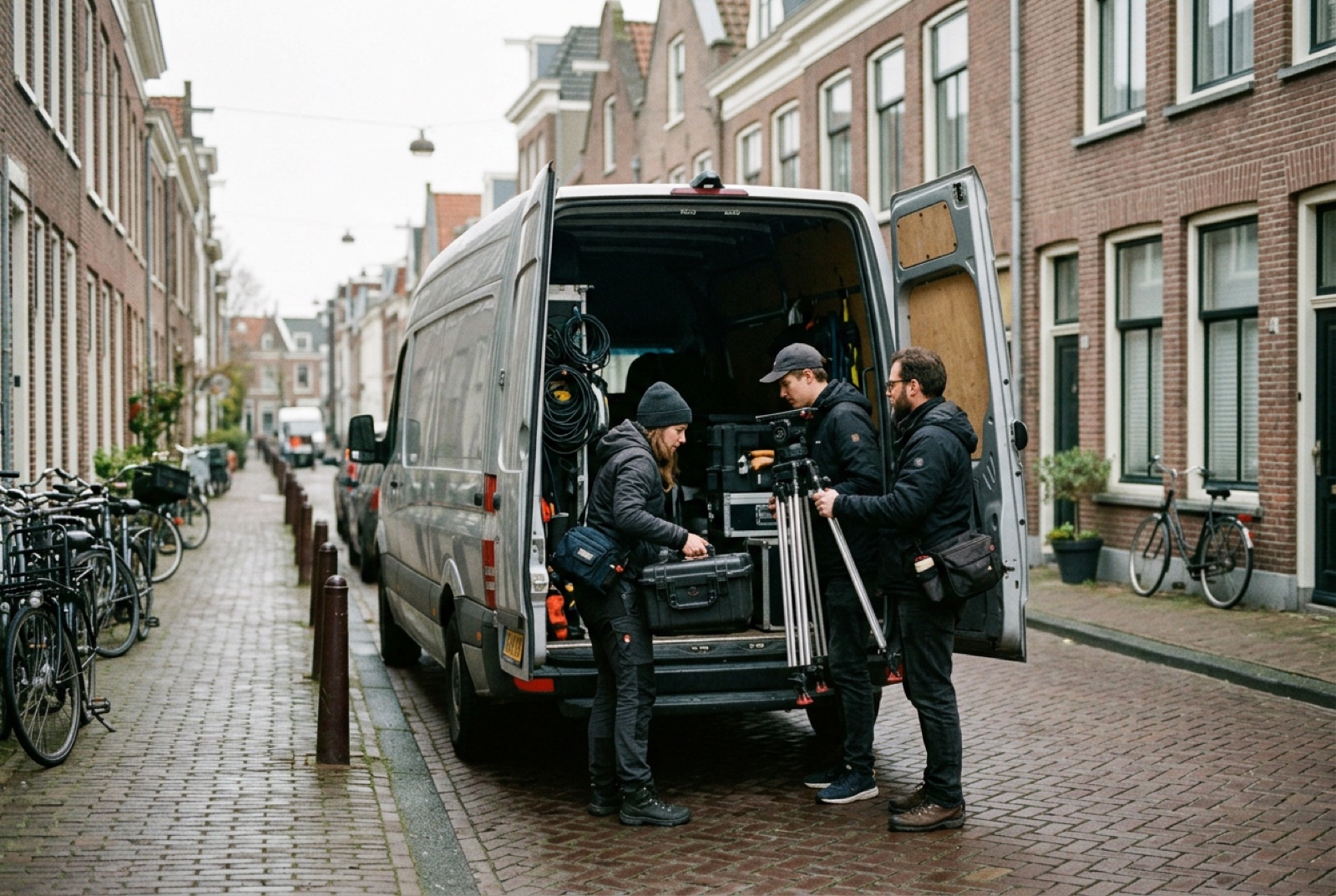Filmcrew laadt vroeg in de ochtend camerakoffers in een bus voor een draaidag