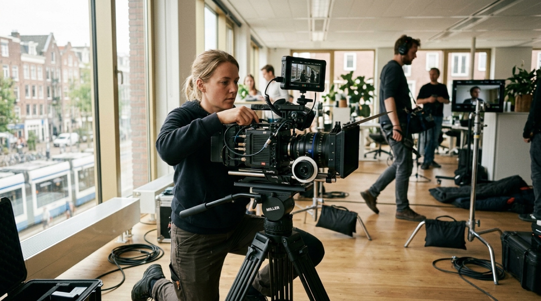 Cameravrouw stelt een cinemacamera af tijdens een bedrijfsvideo-opname in een Amsterdams kantoor