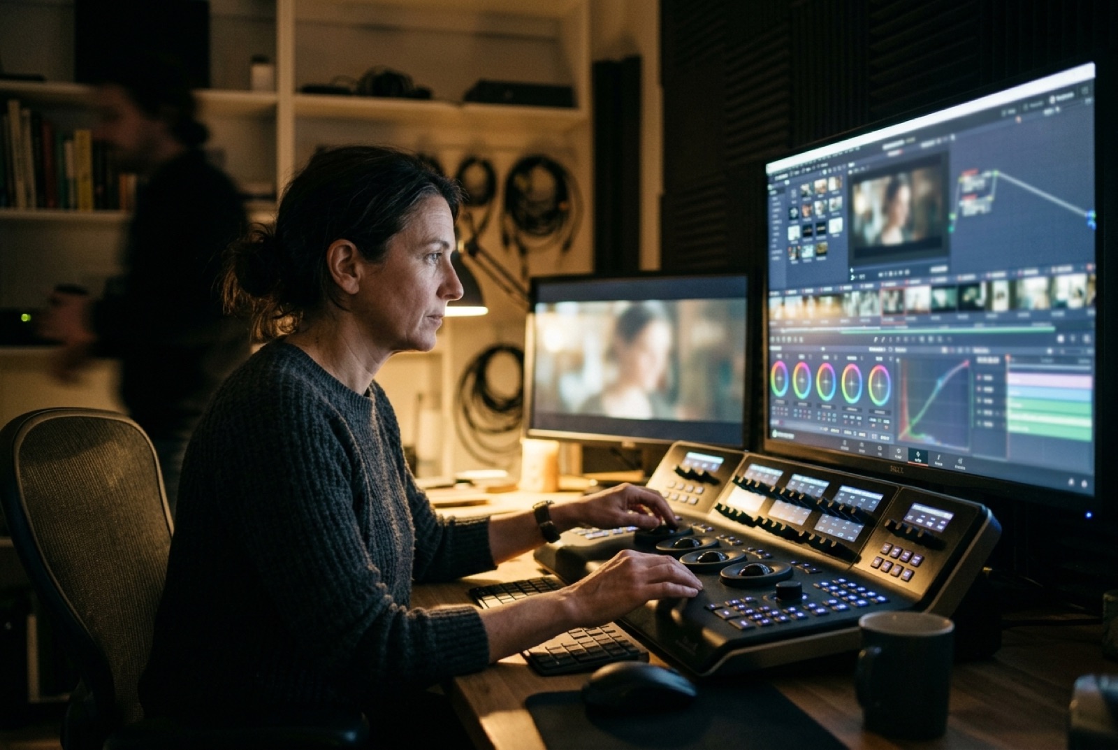 Colorist werkt aan de kleurcorrectie van een bedrijfsvideo in een donkere edit-suite