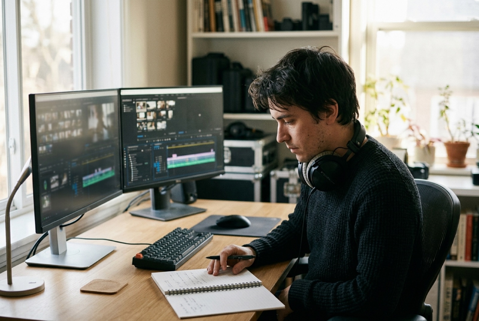 Videomonteur werkt aan een tijdlijn op een werkplek met twee schermen