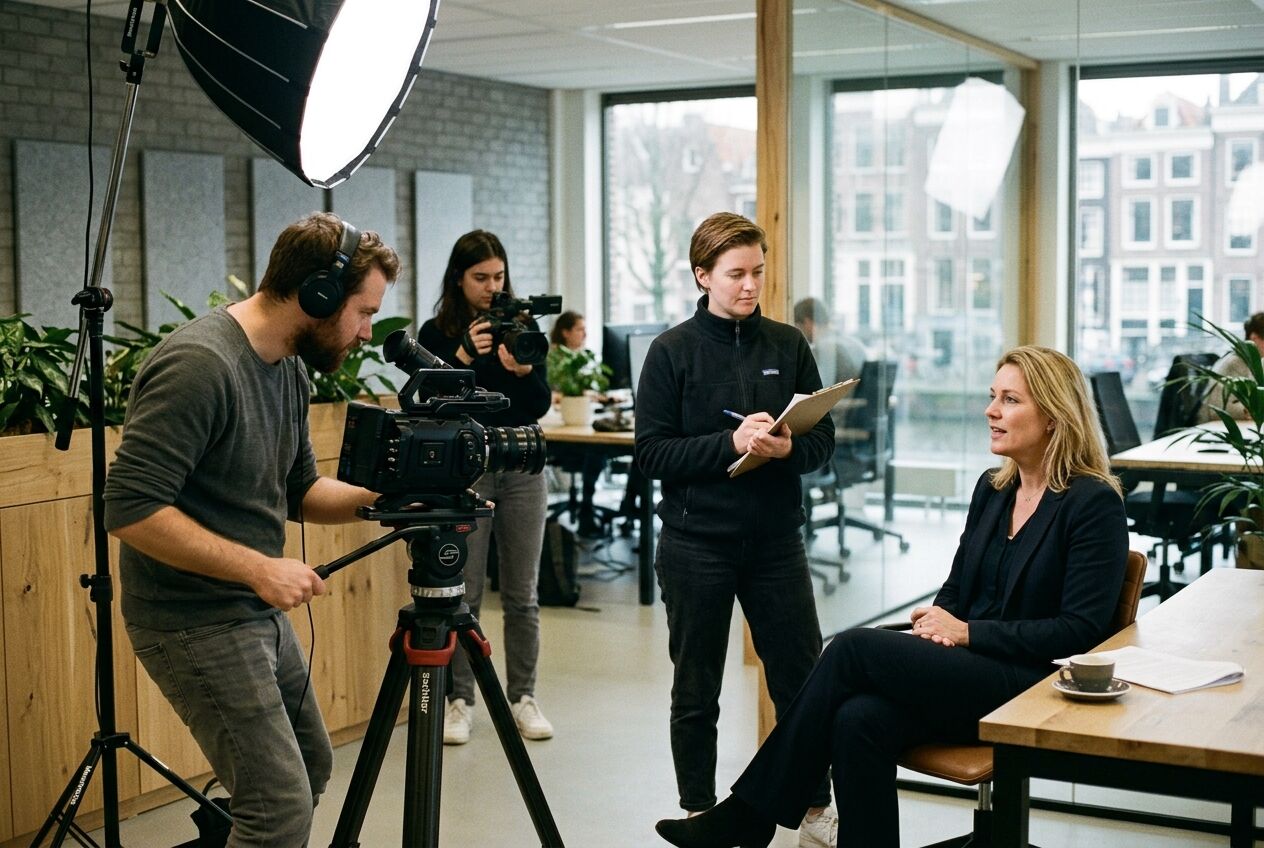 Kleine videoploeg filmt een bedrijfsinterview in een moderne kantooromgeving met camera op statief, lampen en een producent met clipboard.