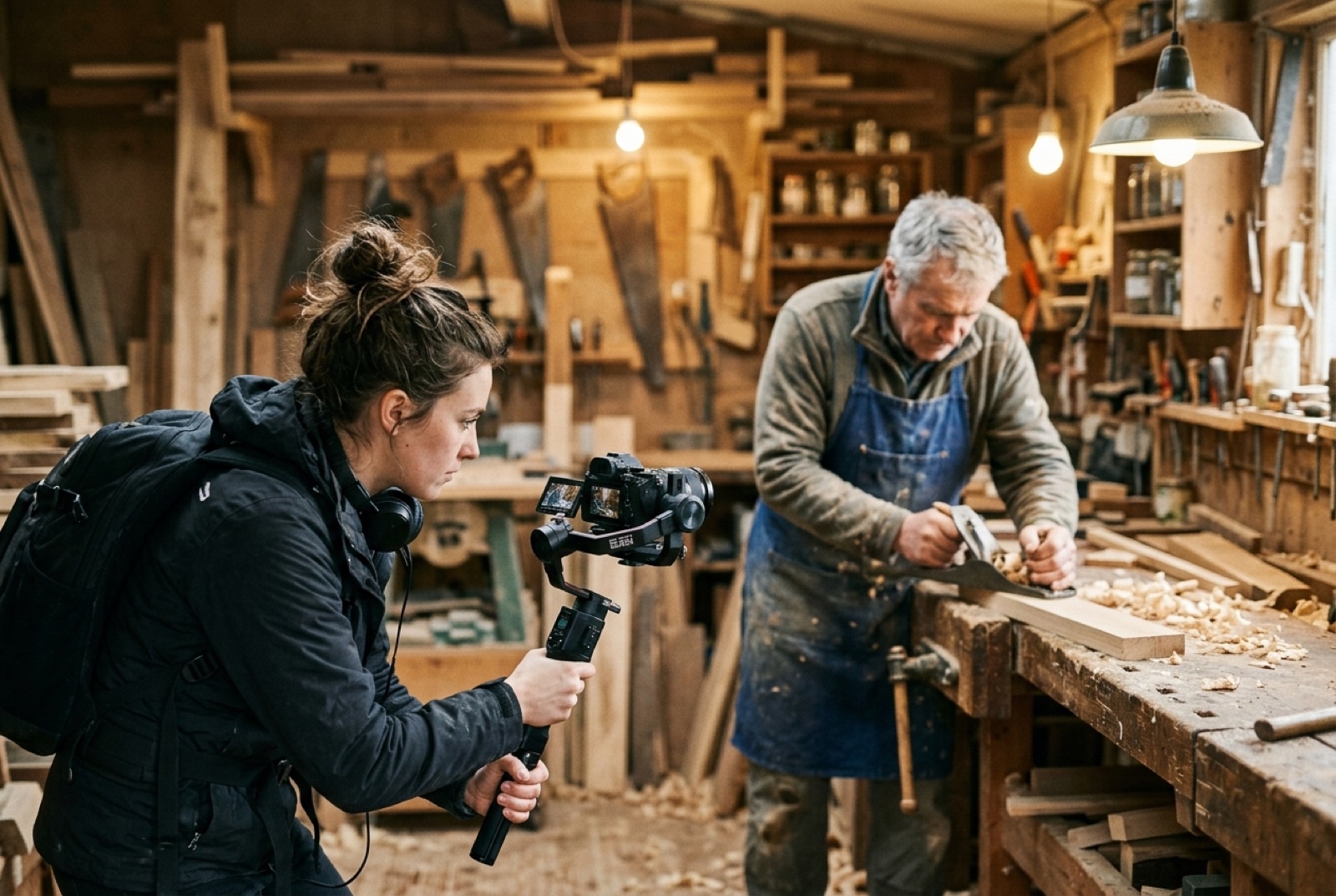 Videograaf filmt een meubelmaker aan het werk in zijn werkplaats